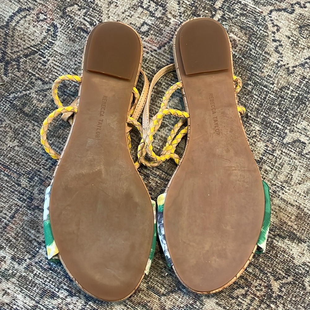 Rebecca Taylor Yellow Braided Leather Floral Cork Sandals Women's Size 6.5/7 - Picture 5 of 6